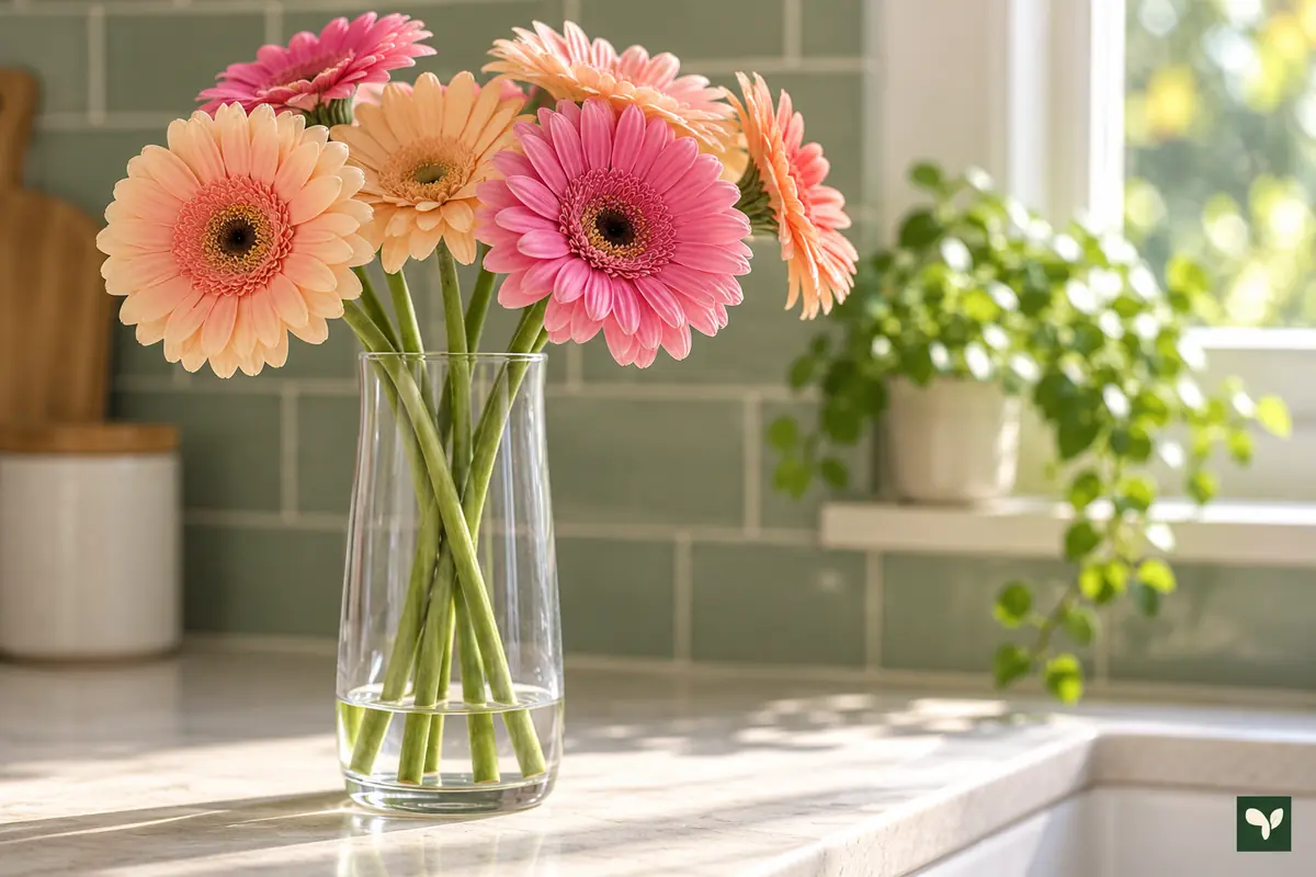 Az miktarda temiz su bulunan şeffaf vazoda gerbera buketi.