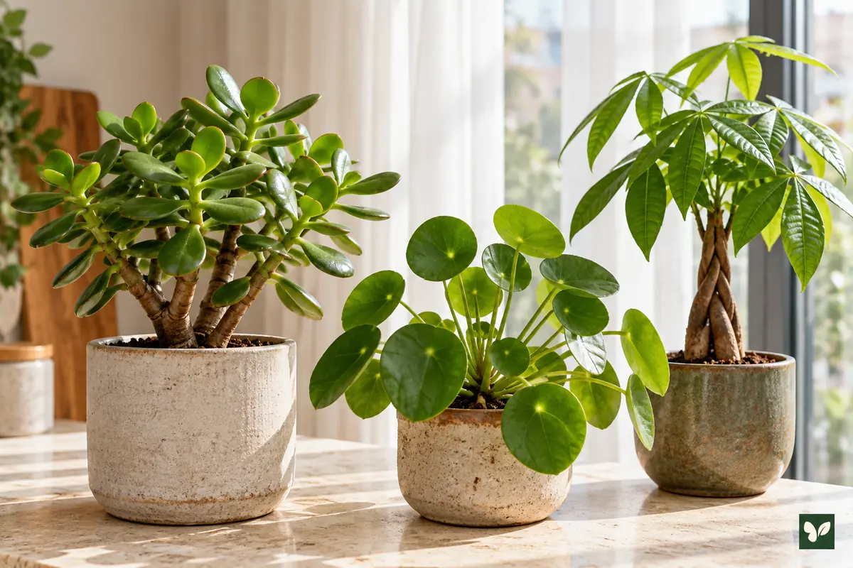 Yan yana duran Crassula, Pilea ve örgülü gövdeli Pachira bitkileri.