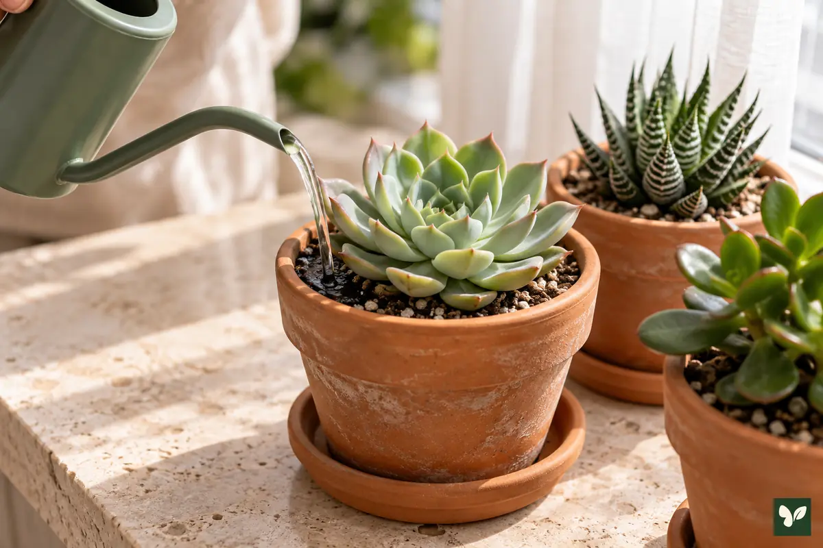 Echeveria saksısının kenarından toprağa su verilmesi.