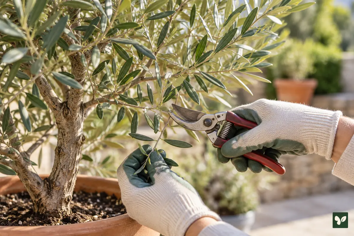 Zeytin ağacının ince dalını tutup budama makasını yaklaştıran eldivenli eller.