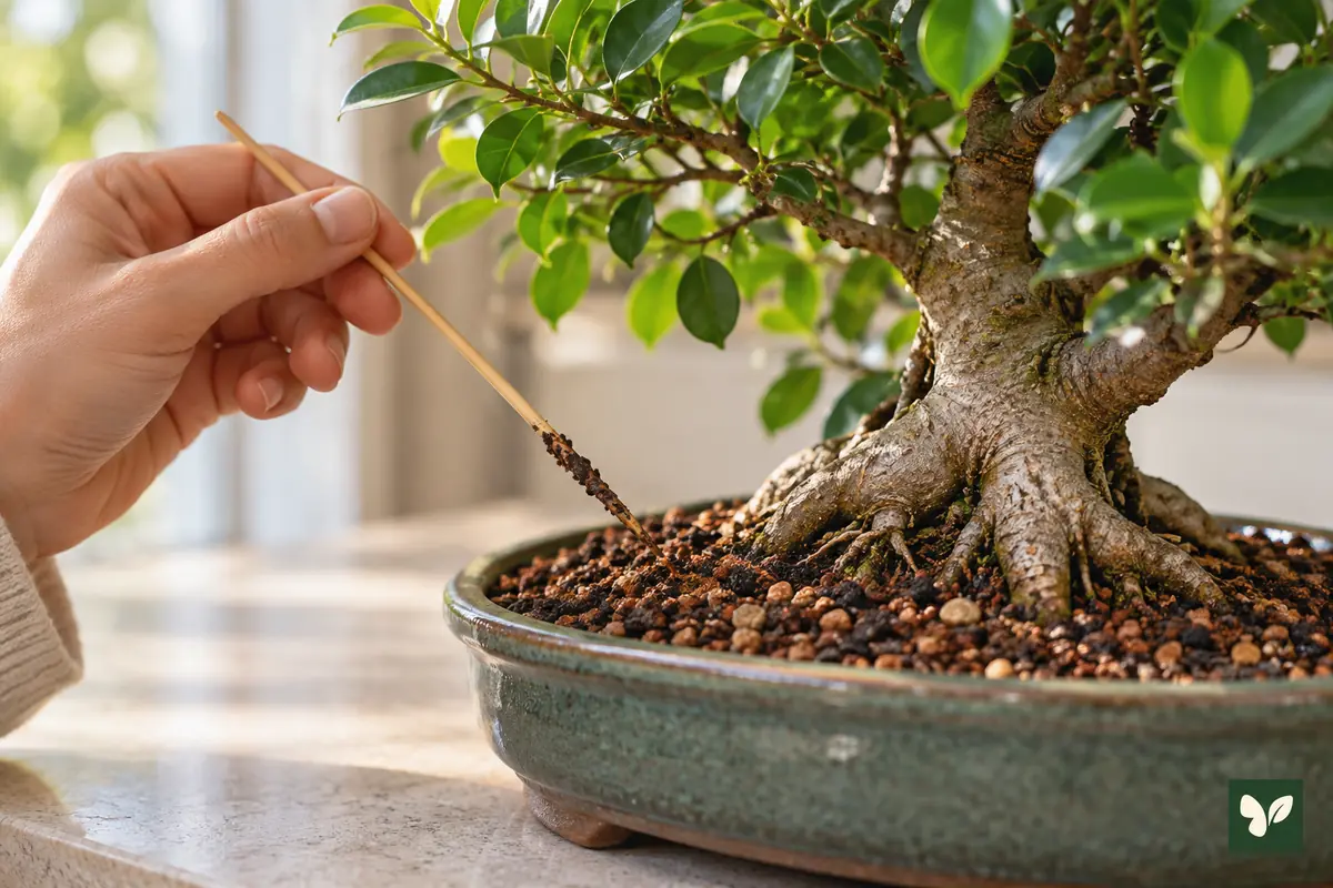 Bonsai toprağındaki nemin ince tahta çubukla kontrol edilmesi.