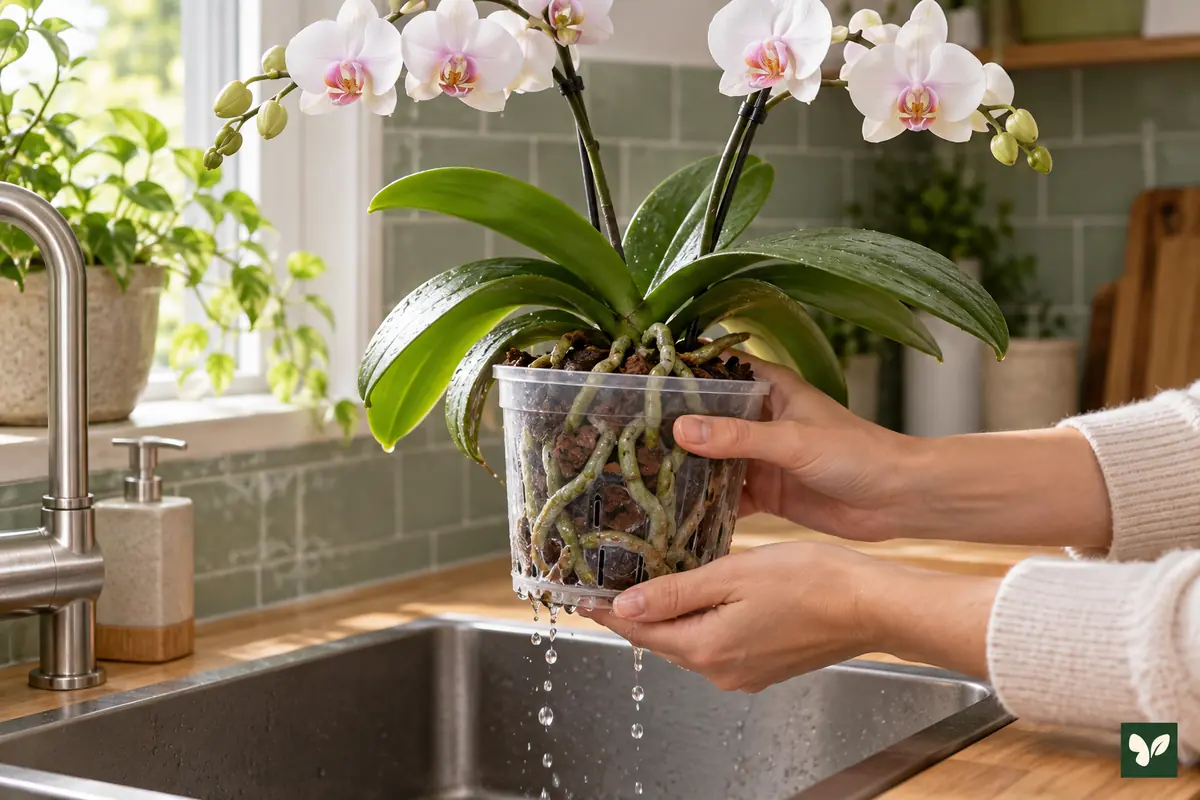 Şeffaf orkide saksısını lavabo üzerinde süzdüren eller.