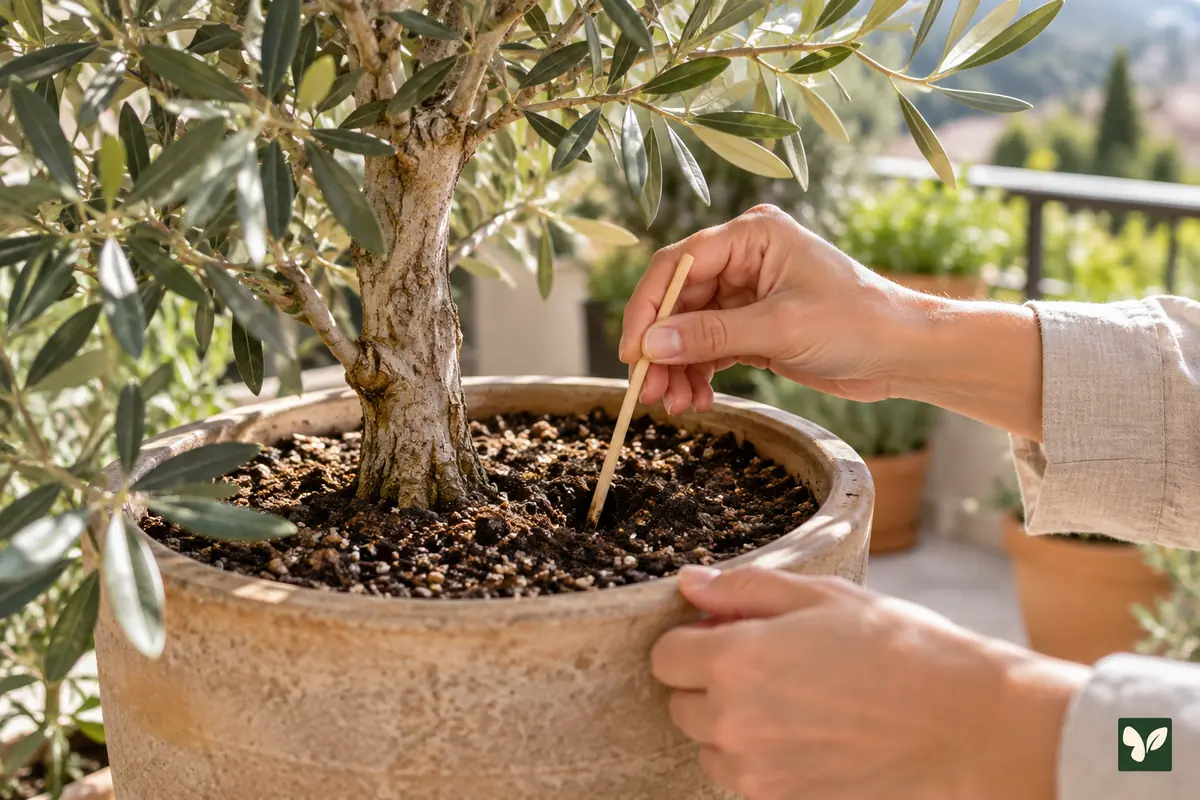 Zeytin ağacının saksı toprağını tahta çubukla kontrol eden eller.