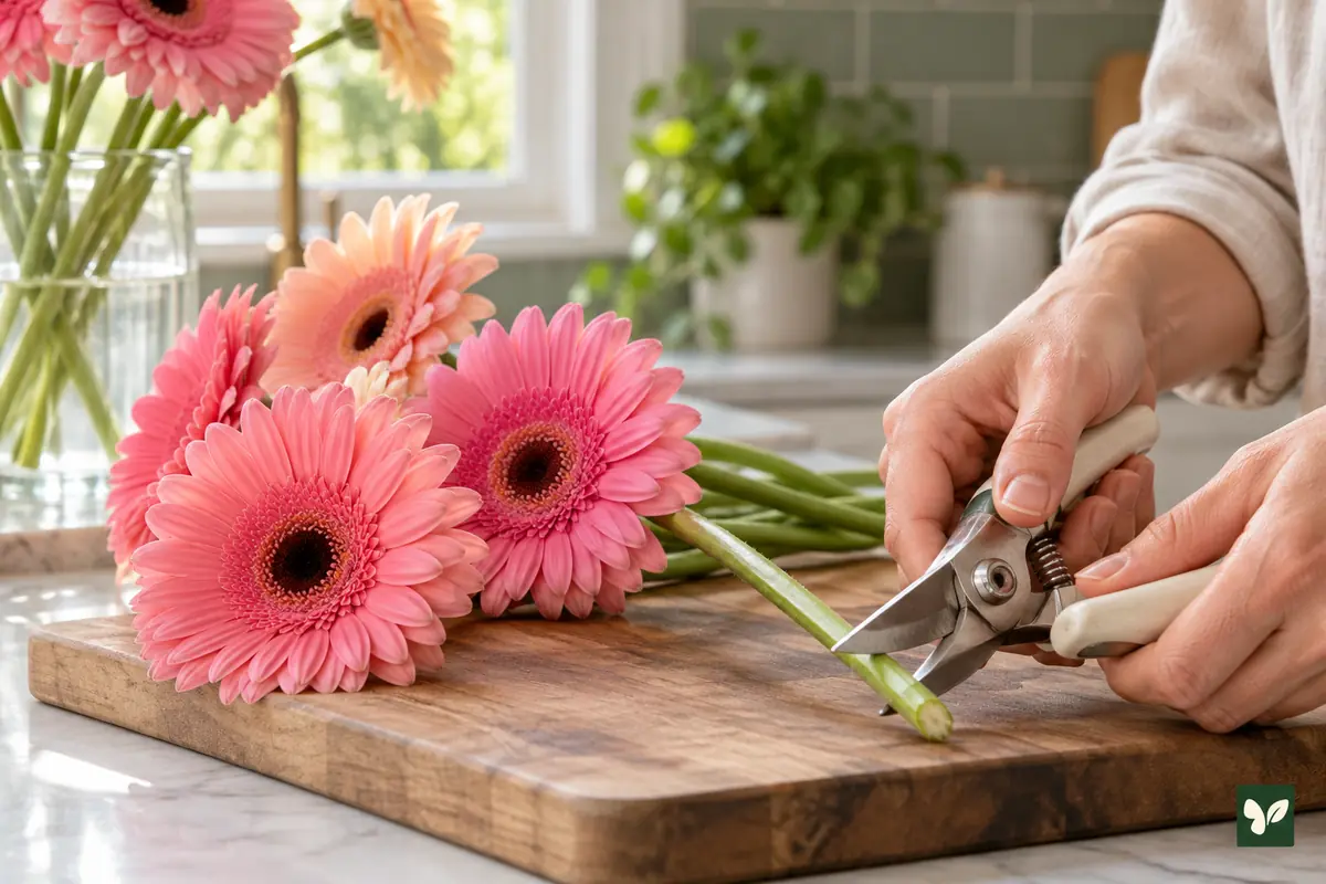 Gerbera sapının alt ucunun temiz makasla kesilmesi.